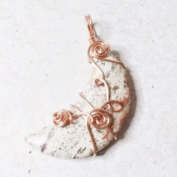 Speckled Crescent Jasper Stone Moon ~ Cream + Tan Colors! Copper Wire Wrapping - Picture 1 of 11